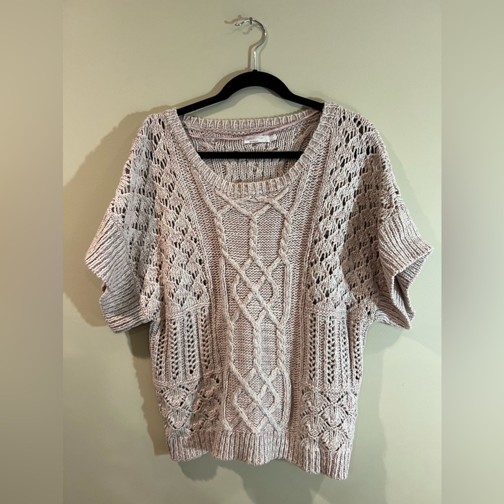 Prana, short sleeve organic cotton, crochet sweater. Light rose, size large.